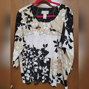 Alfred Dunner Floral Long Sleeve Top - Black, White, Tan